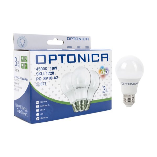 LED pirnid 3tk/pk, 10W A60 E27 2700K Optonica