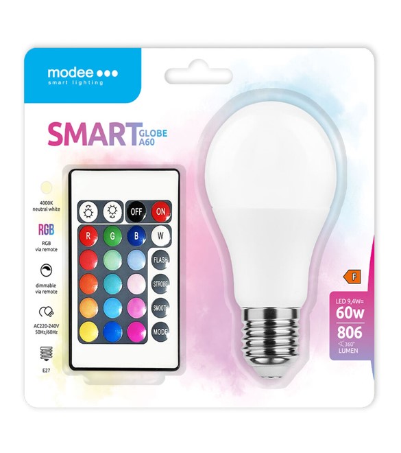 LED-lamp Smart (+Remote) Globe A60 9,4W E27 270° RGB+W (806 lumen)