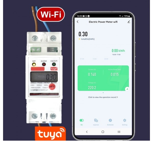 Wi-Fi TUYA SMART elektriarvesti 1F On/Off