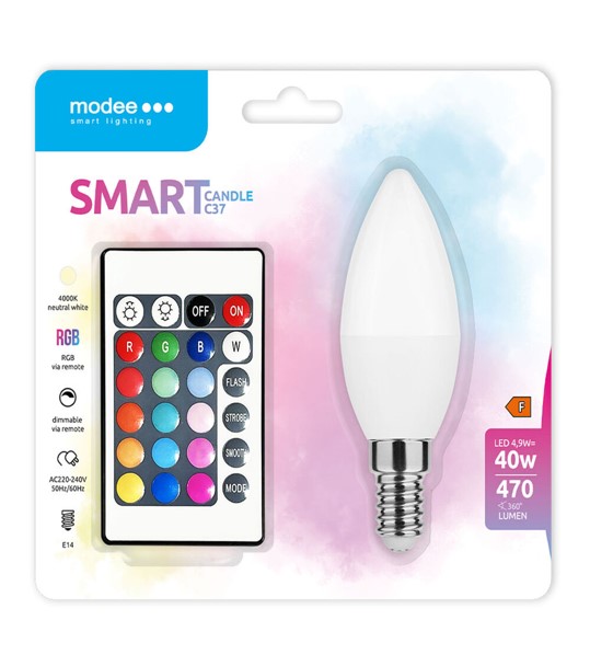 70719588.jpg LED-lamp Smart (+Remote) Candle C35 4,9W E14 270° RGB+W (470 lumen) - Image 1